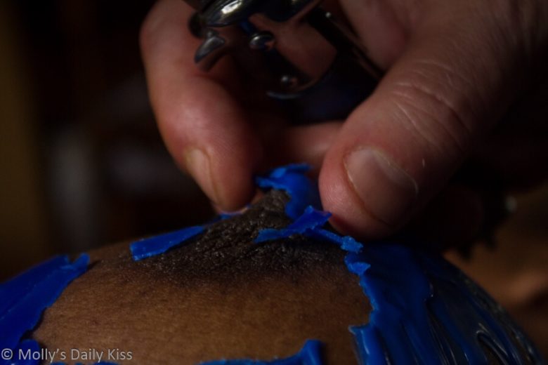 Blue wax being removed from Cara's erect nipple