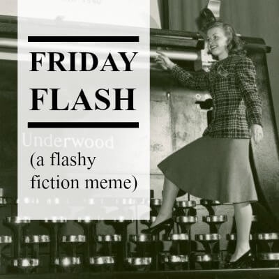 Friday flash written on the meme with an old fashion woman near a big typewriter 