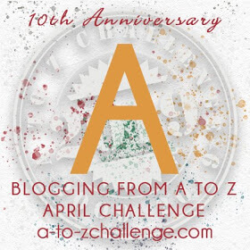 Graphic with a large A in yellow. Beneath reads blogging from A to Z blogging challenge